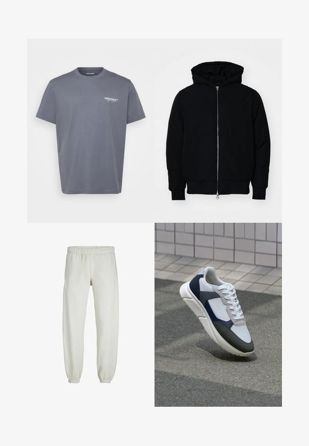 Jachetă neagră cu glugă, cu fermoar în față, buzunar tip kangaroo, mansete și tiv ribbed, prezentată pe un fundal alb simplu.; Tricou gri din bumbac cu mâneci scurte, decolteu rotund și un mic logo alb "ORIGINALS" pe partea stângă a pieptului. Textură netedă, croială clasică.; Pantaloni de trening albi, realizati dintr-un textile moale, avand talie elastica si mansete, cu o textura fina si un design lejer.; Tenisi albi, bleumarin și gri, cu un design din materiale mixte, având un superior texturat, șireturi plate și o talpă căptușită.