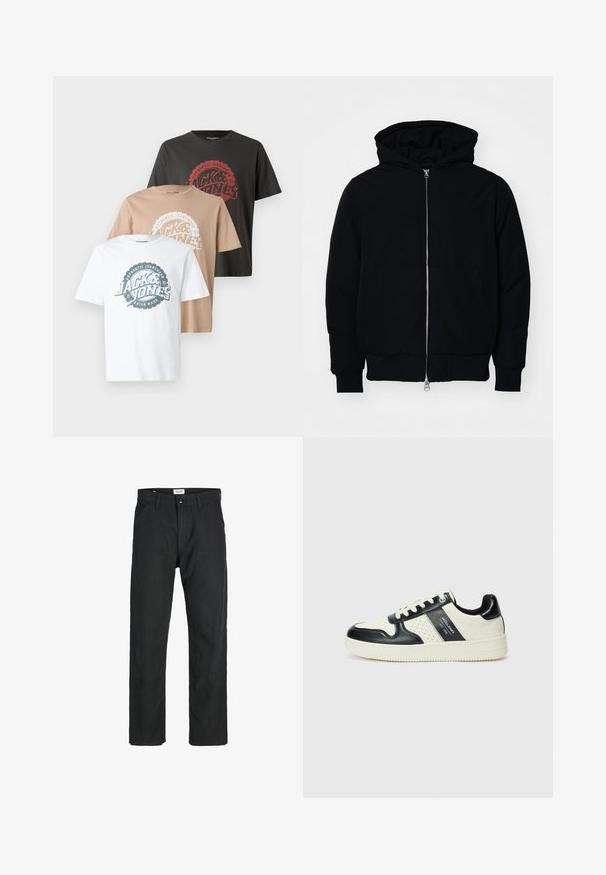 Melna kapucēta jaka ar priekšējo rāvējslēdzēju, kenguru kabatu, ribinātām aprocēm un apakšmalu, parādīta uz vienkārša balta fona.; Trīs T-krekli: viens balts, viens bežs, viens tumši pelēks. Katram ir apļa logo dizains ar kontrastējošiem krāsu tekstiem un apaļu kakla izgriezumu.; Melnas bikses no izturīga auduma, ar taisna griezuma dizainu, izšūtām akcentiem un divām priekšējām kabatām funkcionālitātei.; Ādas sporta apavi ar melnbaltu krāsu shēmu, ar perforētiem akcentiem, mīkstinātu apkakli un teksturētu zoli.