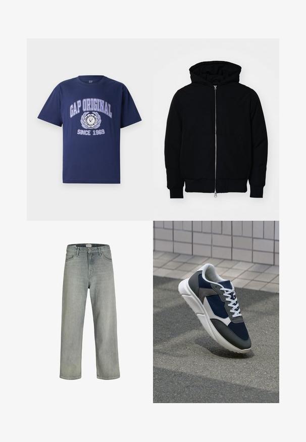 Mustat huppu-untuvatakki, jossa on vetoketju edessä, kenguru-tasku, ribatut hihansuut ja helma, esillä yksinkertaisella valkoisella taustalla.; Sotilas sininen puuvillapaita lyhyillä hihoilla, jossa on "GAP ORIGINAL" -teksti ja graafinen suunnittelu, pyöreä emblem ja "SINCE 1969" alla.; Vaaleanharmaat, löysät farkut, jotka on valmistettu denimistä. Ominaisuuksiin kuuluu klassinen viiden taskun muotoilu, vyölenkit ja suora lahjetyyli.; Kengät, joissa on tummansininen verkkopäällinen, harmaat mokka-yksityiskohdat, valkoinen kumipohja ja litteät valkoiset nauhat, suunniteltu mukavuutta ja hengittävyyttä varten.