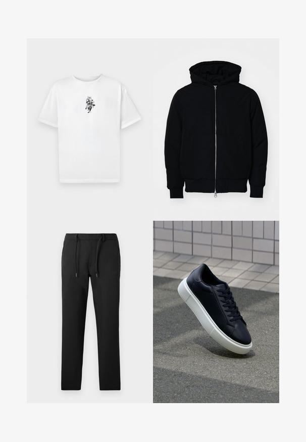 Svart huoodiejacka med framdragkedja, känguruficka, ribbade ärmslut och nederkant, uppställd mot en vit bakgrund.; Vitt bomullströja med korta ärmar och rundad halsringning, med en svart grafisk design i mitten som visar abstrakta element.; Svarta byxor med smal passform, tillverkade av mjukt tyg, med justerbart midjeband, sidofickor och en slät yta.; Svart lädersneaker med rundad tå och vit gummisula. Har platta snören och minimal sömnad på ovansidan. Texturerad sula för grepp.