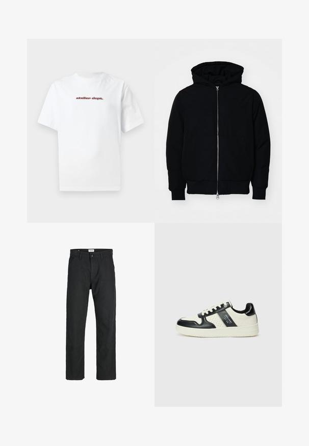 Schwarze Kapuzenjacke mit Frontreißverschluss, Kängurutasche, gerippten Bündchen und Saum, auf einem schlichten weißen Hintergrund präsentiert.; Weißes Baumwoll-T-Shirt mit kurzen Ärmeln und Rundhalsausschnitt, mit rotem Text "atelier dept." auf der Vorderseite bedruckt. Einfaches Design.; Schwarze Hosen aus strapazierfähigem Stoff, mit geradem Bein, genähten Akzenten und zwei vorderen Taschen für Funktionalität.; Leder-Sneaker in Schwarz- und Cremetönen, mit perforierten Akzenten, einem gepolsterten Kragen und einer strukturierten Laufsohle.