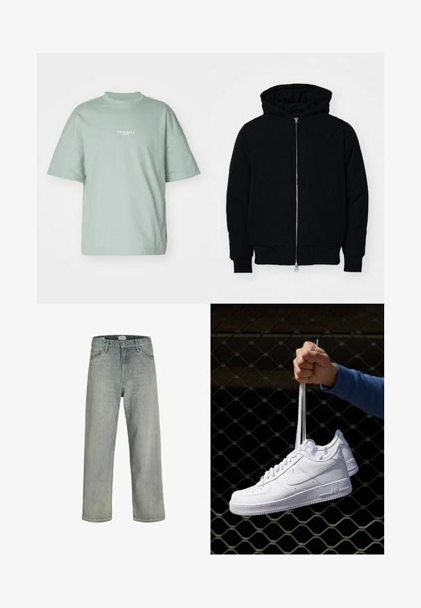 Melna kapucēta jaka ar priekšējo rāvējslēdzēju, kenguru kabatu, ribinātām aprocēm un apakšmalu, parādīta uz vienkārša balta fona.; Gaisza zaļā oversized t-kreklā, kas izgatavots no mīksta kokvilnas, ar īsām piedurknēm un apaļu kakla izgriezumu, uz kura drukāts "ORIGINALS est. 1990" baltā krāsā.; Gai pelēki, brīvi pieguļoši džinsi no denima. Iekļauj klasisku piecu kabatu dizainu, jostas cilpas un taisnu kāju siluetu.; Baltas ādas sporta apavi ar perforācijām, apaļu purngali, plakanu zoli un biezām šņorēm, ar redzamu swoosh logo un vārdu "AIR" uz papēža.