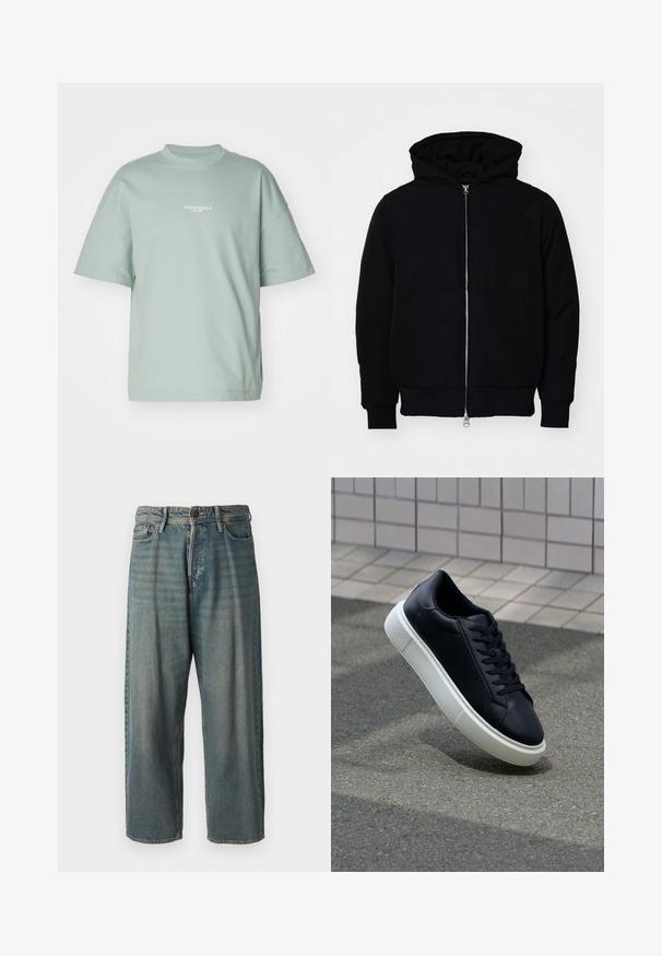 Black hooded jacket with front zipper, kangaroo pocket, ribbed cuffs, and hem, displayed on a plain white background.; Light green oversized t-shirt made of soft cotton, featuring short sleeves and a round neckline with "ORIGINALS est. 1990" printed in white.; Light blue denim jeans with a loose fit, mid-rise waist, and straight legs. Features five pockets, belt loops, and a button closure.; Black leather sneaker with rounded toe and white rubber sole. Features flat laces and minimal stitching on the upper. Textured sole for grip.