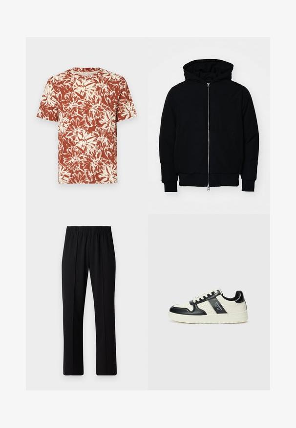 Black hooded jacket with front zipper, kangaroo pocket, ribbed cuffs, and hem, displayed on a plain white background.; Short-sleeved t-shirt in rust with a floral print in cream, featuring a round neckline and relaxed fit. Made from lightweight fabric.; Black, elastic-waist trousers with a straight-leg design, featuring a smooth texture and no visible patterns or hardware.; Leather sneakers with a black and cream color scheme, featuring perforated accents, a padded collar, and a textured outsole.