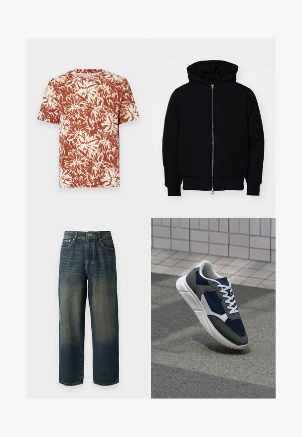 Črna kapuca jakna s sprednjim zadrgo, kenguru žepom, rebrastimi manšetami in hemom, razstavljena na enostavni beli ozadju.; Majica s kratkimi rokavi v rjavi barvi z rožnato potiskom v krem barvi, z okroglim izrezom in sproščenim krojem. Narejena iz lahkega blaga.; modri traper hlače s ravnim krojem, ki imajo zbledel videz z svetlejšimi odtenki proti robu, pet žepov in gumbasto zapiranje.; Superge z zgornjim delom iz mrežaste tkanine v mornarsko modri barvi, sivi usnjeni poudarki, belo gumijasto podplato in ravnimi belimi vezalkami, zasnovane za udobje in zračnost.