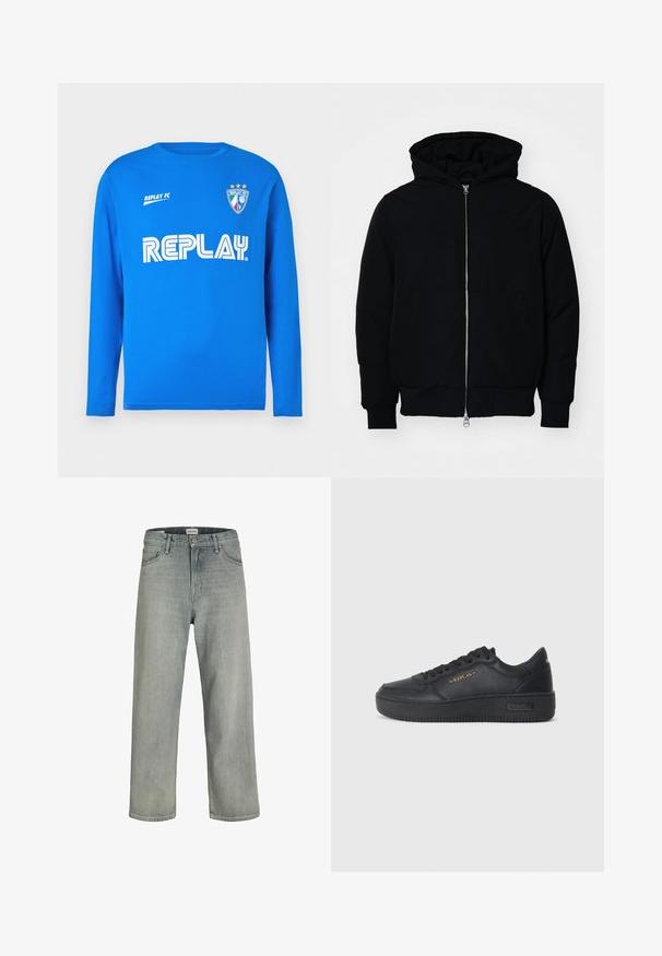 Juodas gobtuvėlis su priekiniu užtrauktuku, kengūros tipo kišene, lygiais rankogaliais ir apvadu, pateiktas ant vientiso balto fono.; Ilgomis rankovėmis melsvas medvilninis marškinėlis su apvalia kaklo išpjova, ant kurio yra baltas „REPLAY“ logotipas ir tekstas „REPLAY FC“, taip pat šarvo logotipas su trimis žvaigždėmis.; Šviesiai pilkos, laisvai krentančios džinsinės kelnės. Turi klasikinį penkių kišenių dizainą, diržo kilpas ir tiesius kojų siluetus.; Replay EPIC HIGH - Sportbačiai - black