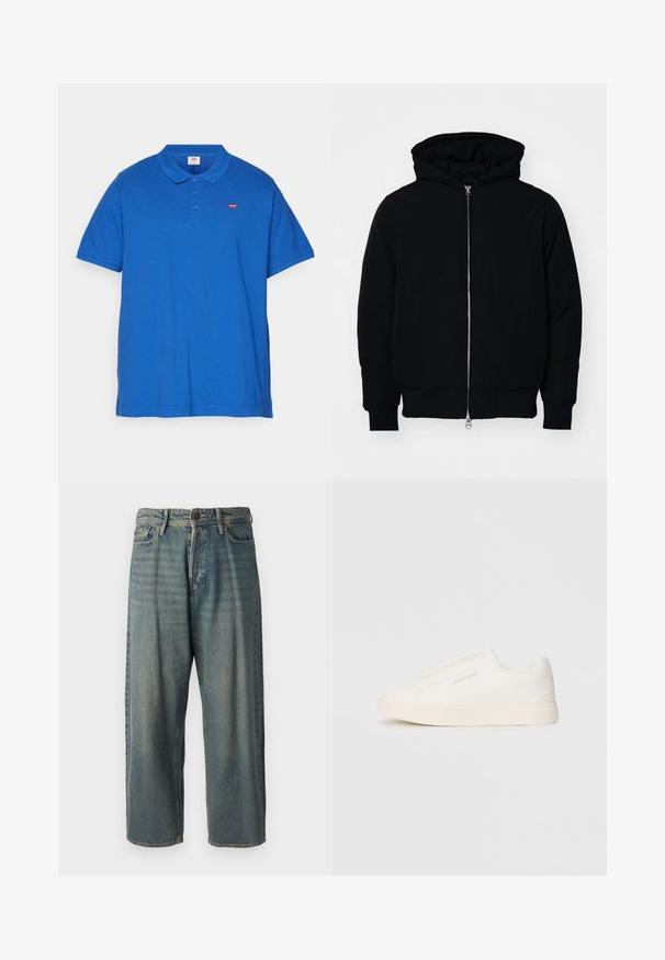 Fekete kapucnis dzseki elülső cipzárral, kenguruzsebbel, bordázott mandzsettákkal és aba, egy sima fehér háttér előtt.; Levi's® Plus Pólóing - true blue; Világoskék farmernadrág, laza fazonnal, közepes derékbőséggel és egyenes szárral. Öt zsebet, övbucskát és gombos záródást tartalmaz.; Fehér slip-on sportcipők texturált felülettel, vastag talppal és minimalista dizájnnal. Az oldalon a márka logója található.