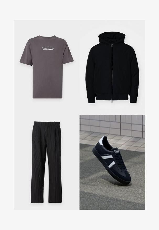 Schwarze Kapuzenjacke mit Frontreißverschluss, Kängurutasche, gerippten Bündchen und Saum, auf einem schlichten weißen Hintergrund präsentiert.; Graues Baumwoll-T-Shirt, kurzärmlig, runder Ausschnitt, mit weißem, gedrucktem Text "Sakura Blossom" in Kursiv- und Blockschrift auf der Vorderseite.; Jack & Jones JPSTBILL JJDAYTONA WIDE - Stoffhose - black; Schwarze Leder-Sneaker mit weißen Streifen, strukturiertem Gummisohle und Schnürung. Verfügt über ein Markenetikett auf der Zunge.