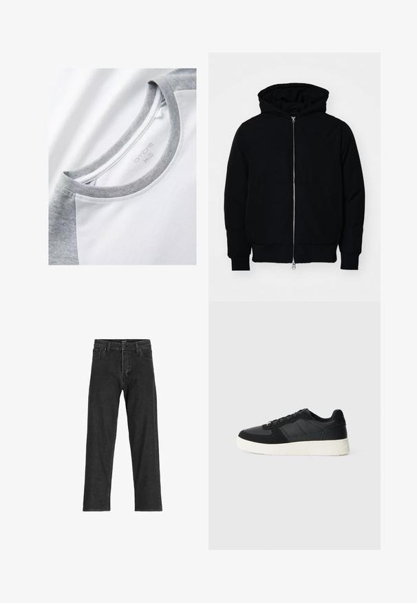 Schwarze Kapuzenjacke mit Frontreißverschluss, Kängurutasche, gerippten Bündchen und Saum, auf einem schlichten weißen Hintergrund präsentiert.; Kurzarm-T-Shirt mit einem weißen Körper und grauen Raglanärmeln. Runder Halsausschnitt mit einer weichen, glatten Textur. Markenetikett sichtbar.; Schwarze Jeans aus Denim mit geradem Bein, ausgestattet mit einem Reißverschluss, Gürtelschlaufen und sechs Taschen, gefertigt aus einem robusten Baumwollmischgewebe.; Schwarzer Low-Top-Sneaker mit strukturiertem Leder und Wildlederpaneelen, weißer Gummisohle und schwarzen Schnürsenkeln auf einem schlichten hellen Hintergrund.