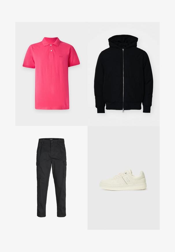 Mustaga kapuutsiga jakk, millel on esineed, kenguru tasku, soonikkoes, ja alläär, esitatud lihtsal valgel taustal.; Erkki erkroosa polo särk, mis on valmistatud puuvillast, klassikalise kraega, kolme nupuga avaga ning rinnal on tikandina 'GAP' logo.; Mustad mustapõlvik, mis on valmistatud tugeva koe kasutades, sisaldab mitmeid taskuid, nupule kinnitatav sulgemine ja kitsenev disain.; Koor valged tossud perforatsiooni detailide, nööpide ja külje logo ka, esitatud ühtlase valge tausta ees.