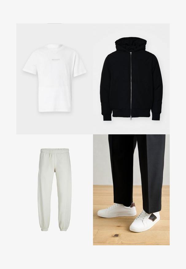 Schwarze Kapuzenjacke mit Frontreißverschluss, Kängurutasche, gerippten Bündchen und Saum, auf einem schlichten weißen Hintergrund präsentiert.; Weißes Baumwoll-T-Shirt mit kurzen Ärmeln, Rundhalsausschnitt und einem einfachen gedruckten Logo auf der Vorderseite. Glatte Textur und normale Passform.; Weiße Jogginghose aus weichem Stoff, mit elastischem Bund und Säumen, einer glatten Textur und lockerem Schnitt.; Weiße Sneakers mit glatter Textur, versehen mit braunen Lederakzenten und schwarzen Details, kombiniert mit schwarzen maßgeschneiderten Hosen. Hintergrund aus Holzboden.