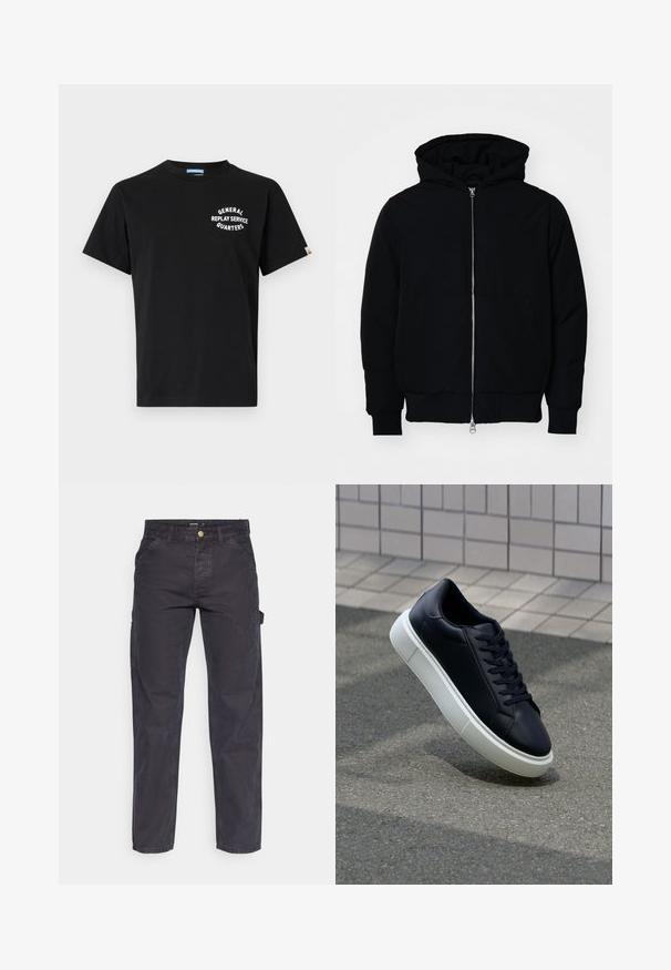 Mustaga kapuutsiga jakk, millel on esineed, kenguru tasku, soonikkoes, ja alläär, esitatud lihtsal valgel taustal.; Must pronks T-särk lühikeste varrukatega ja ümmarguse kaelusega. Rinnal on valge tekst "ÜLDINE TAASJÕUDMISE TEENUS".; Tumehallid cargo-püksid, mis on valmistatud vastupidavast kangast, sirge lõikega, viie tasku ja nupuga kinnitusega vööl.; Mustast nahast tennisetoss, millel on ümar nina ja valge kummist tall. Omab siredaid paelu ja minimaalset õmblemist ülemises osas. Tekstuuriga tald, mis tagab haakuvuse.