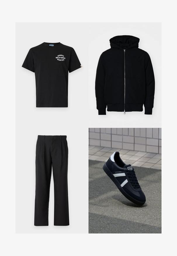 Černá kapucňová bunda s předním zipem, klokaní kapsou, vroubkovanými manžetami a spodním lemem, vystavená na čistém bílém pozadí.; Černé bavlněné tričko s krátkým rukávem a kulatým výstřihem. Na hrudi nápis bílým písmem "GENERAL REPLAY SERVICE QUARTERS".; Jack & Jones JPSTBILL JJDAYTONA WIDE - Kalhoty - black; Černé kožené tenisky s bílými pruhy, texturovanou gumovou podrážkou a šněrováním vpředu. Obsahují značenou etiketu na jazyku.