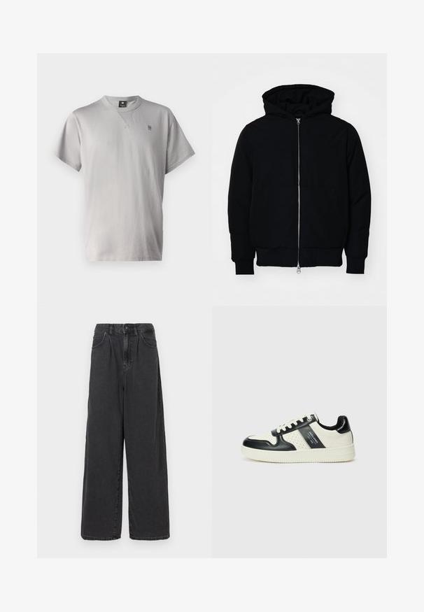 Mustat huppu-untuvatakki, jossa on vetoketju edessä, kenguru-tasku, ribatut hihansuut ja helma, esillä yksinkertaisella valkoisella taustalla.; G-STAR NIFOUS - T-paita - sharkskin; Haalihousut, korkeavyötäröiset mustat farkut, joissa on edessä nappi- ja vetoketjukiinnitys, sivutaskut ja sileä pinta.; Nahkakengät musta-kerma värimaailmassa, joissa on rei'itetyt yksityiskohdat, pehmustettu nilkkaosa ja teksturoitu pohja.