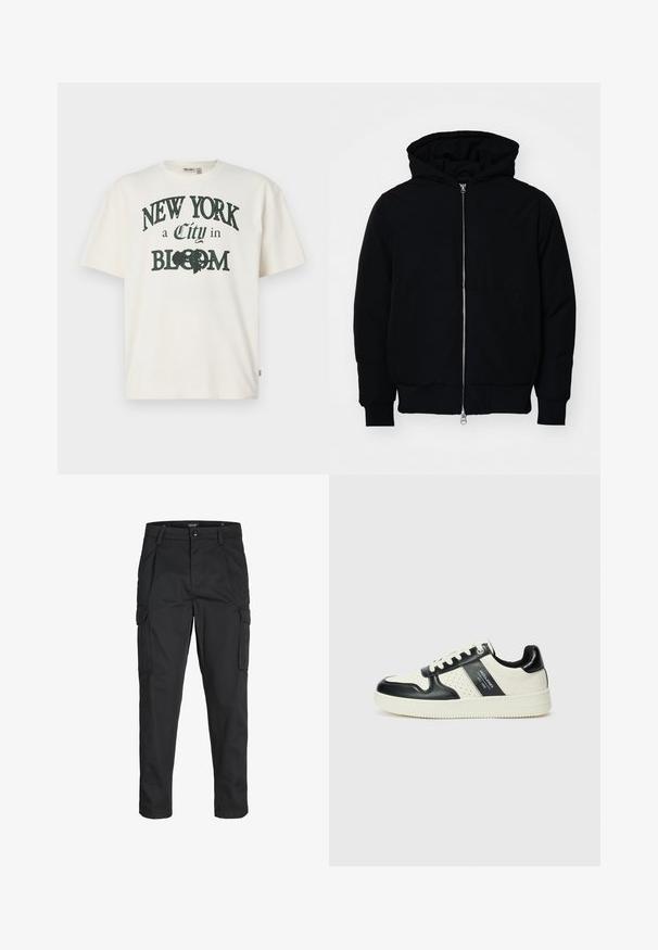 Black hooded jacket with front zipper, kangaroo pocket, ribbed cuffs, and hem, displayed on a plain white background.; Cream-colored cotton t-shirt with short sleeves, featuring a printed design saying "NEW YORK a City in BLOOM" in dark green.; Black cargo pants made of sturdy fabric, featuring multiple pockets, a button closure, and a slim fit design with tapered legs.; Leather sneakers with a black and cream color scheme, featuring perforated accents, a padded collar, and a textured outsole.