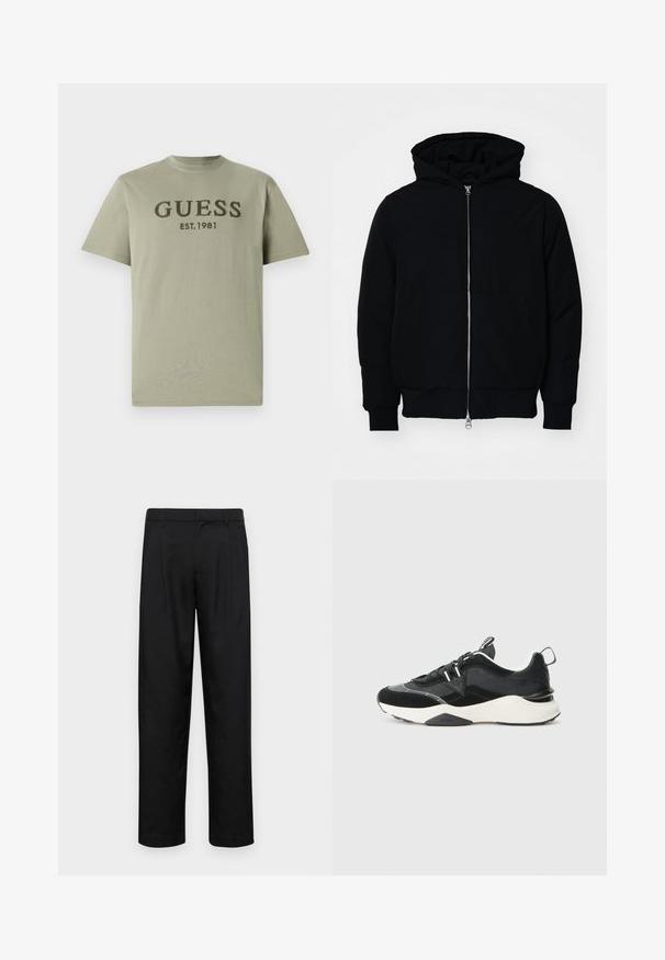 Black hooded jacket with front zipper, kangaroo pocket, ribbed cuffs, and hem, displayed on a plain white background.; Olive green cotton t-shirt featuring a round neck and short sleeves, with "GUESS EST. 1981" embroidered in dark green across the chest.; Black trousers made of smooth fabric, featuring a straight-leg design, two front pleats, and standard waistband with belt loops.; Black sneaker featuring a mix of suede and mesh materials, chunky white sole, and reflective accents. Lace-up design with a pull tab.