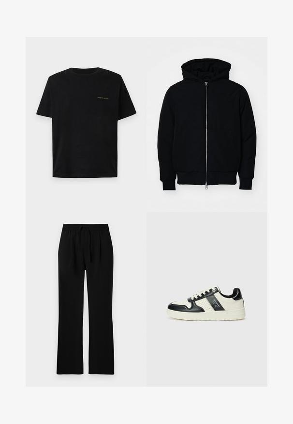 Schwarze Kapuzenjacke mit Frontreißverschluss, Kängurutasche, gerippten Bündchen und Saum, auf einem schlichten weißen Hintergrund präsentiert.; Schwarzes Baumwoll-T-Shirt, kurze Ärmel, Rundhalsausschnitt, mit kleinen grünen Schriftzügen im linken Brustbereich, glatte Textur.; Schwarze Hose mit lockerem Schnitt, ausgestattet mit einem elastischen Bund und Kordelzug. Glatte Textur, gerades Bein, keine sichtbaren Taschen.; Leder-Sneaker in Schwarz- und Cremetönen, mit perforierten Akzenten, einem gepolsterten Kragen und einer strukturierten Laufsohle.
