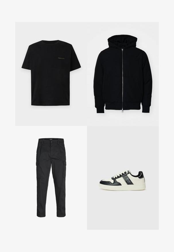Jachetă neagră cu glugă, cu fermoar în față, buzunar tip kangaroo, mansete și tiv ribbed, prezentată pe un fundal alb simplu.; Tricou din bumbac negru, cu mâneci scurte, guler tip crew, cu text mic verde pe partea stângă a pieptului, textură netedă.; Pantaloni cargo negri dintr-un material rezistent, cu multiple buzunare, închidere cu nasture și un design slim fit cu picioare conice.; Tenisi din piele cu un scheme de culori negru și crem, dotati cu accente perforate, guler căptușit și o talpă texturată.