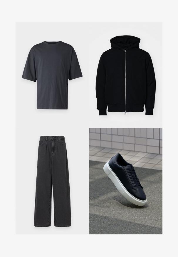 Black hooded jacket with front zipper, kangaroo pocket, ribbed cuffs, and hem, displayed on a plain white background.; Dark gray short-sleeve t-shirt made of lightweight cotton, featuring a loose fit and classic crew neckline, with plain texture and no patterns.; Wide-leg, high-waisted black denim pants with a front button and zipper closure, featuring side pockets and a smooth texture.; Black leather sneaker with rounded toe and white rubber sole. Features flat laces and minimal stitching on the upper. Textured sole for grip.