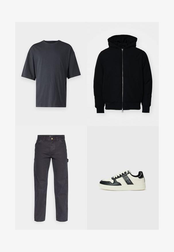 Mustaga kapuutsiga jakk, millel on esineed, kenguru tasku, soonikkoes, ja alläär, esitatud lihtsal valgel taustal.; Tumehall lühikeste varrukatega T-särk, mis on valmistatud kerge puuvilla segust, laia lõikega ja klassikalise ümmarguse kaelusega, täiesti sile ja ilma mustriteta.; Tumehallid cargo-püksid, mis on valmistatud vastupidavast kangast, sirge lõikega, viie tasku ja nupuga kinnitusega vööl.; Nahatud nahkkingad musta ja kreemi värviskeemiga, millel on perforeeritud aktsendid, pehme krae ja tekstureeritud tallad.