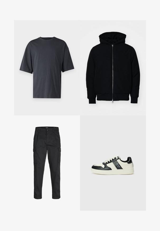 Schwarze Kapuzenjacke mit Frontreißverschluss, Kängurutasche, gerippten Bündchen und Saum, auf einem schlichten weißen Hintergrund präsentiert.; Dunkelgraues Kurzarm-T-Shirt aus leichtem Baumwollmaterial, mit lockerer Passform und klassischem Rundhalsausschnitt, in einfarbigem Design ohne Muster.; Schwarze Cargo-Hose aus robustem Material, mit mehreren Taschen, einem Knopfverschluss und einem Slim-Fit-Design mit schmal zulaufenden Beinen.; Leder-Sneaker in Schwarz- und Cremetönen, mit perforierten Akzenten, einem gepolsterten Kragen und einer strukturierten Laufsohle.