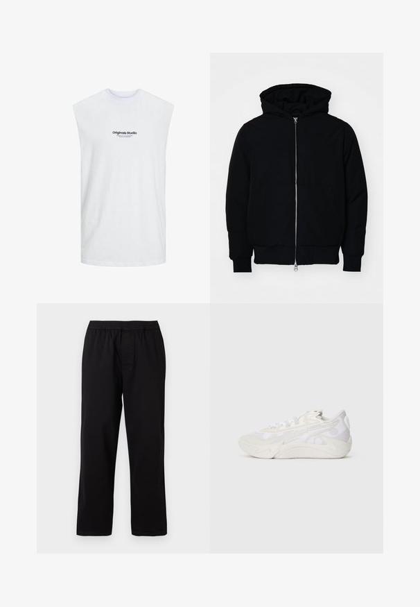 Zwarte hoodie met rits aan de voorkant, kangoeroe-pocket, geribbelde manchetten en zoom, weergegeven op een effen witte achtergrond.; Jack & Jones JORVESTERBRO SLEEVELESS - Top - bright white; Zwarte rechte broek met elastische tailleband en voornaad details op een effen lichte achtergrond.; Zijaanzicht van een wit en lichtgrijs sneaker met abstract golvend ontwerp en dikke zool op een effen witte achtergrond.