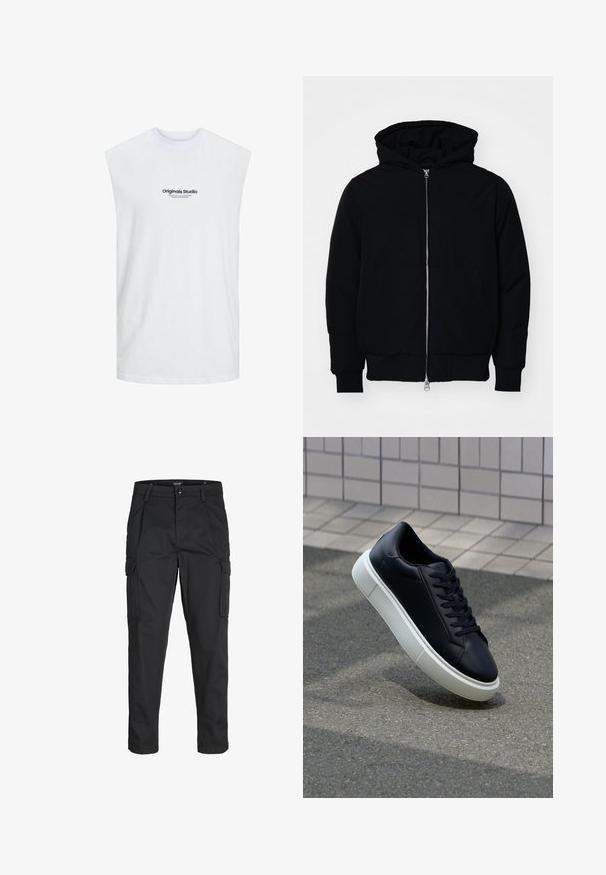 Black hooded jacket with front zipper, kangaroo pocket, ribbed cuffs, and hem, displayed on a plain white background.; Jack & Jones JORVESTERBRO SLEEVELESS - Top - bright white; Black cargo pants made of sturdy fabric, featuring multiple pockets, a button closure, and a slim fit design with tapered legs.; Black leather sneaker with rounded toe and white rubber sole. Features flat laces and minimal stitching on the upper. Textured sole for grip.