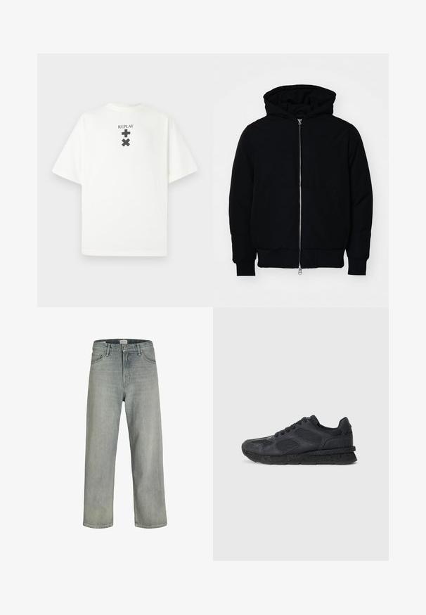 Black hooded jacket with front zipper, kangaroo pocket, ribbed cuffs, and hem, displayed on a plain white background.; White cotton T-shirt with short sleeves, featuring a black "REPLAY" logo and graphic symbols centered below the logo on the front.; Light gray, loose-fitting jeans made of denim. Features a classic five-pocket design, belt loops, and a straight leg silhouette.; Replay ARTHUR ATOM - Trainers - black