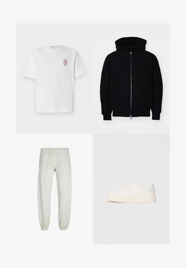 Black hooded jacket with front zipper, kangaroo pocket, ribbed cuffs, and hem, displayed on a plain white background.; White cotton t-shirt with short sleeves, featuring a red embroidered diamond design on the left chest area. Classic crew neck.; White sweatpants made from soft fabric, featuring an elastic waistband and cuffs, with a smooth texture and loose-fitting design.; White slip-on sneakers with a textured surface, a thick sole, and minimalistic design. Features brand logo on the side.