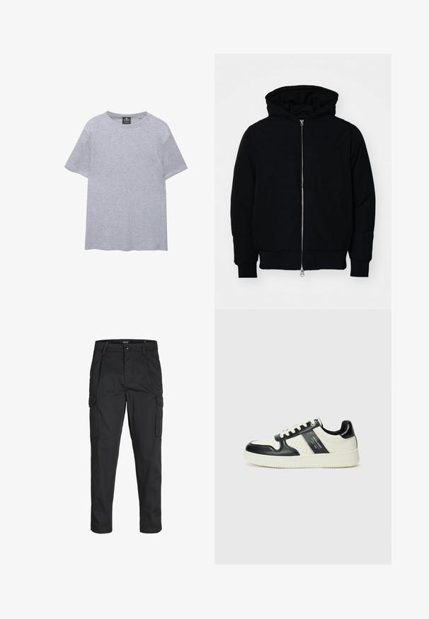Sort hættejakke med frontlynlås, kængurulomme, ribbede manchetter og kant, præsenteret på en ensfarvet hvid baggrund.; Grå t-shirt med korte ærmer lavet af bomuld. Har en rund halsudskæring og en afslappet pasform. Enkelt design uden mønstre eller detaljer.; Sorte cargo-bukser lavet af slidstærkt stof, der har flere lommer, en knaplukning og et slim fit design med smalle ben.; Lædersneakers i sort og creme farveskema, med perforerede detaljer, en polstret krave og en struktureret ydersål.