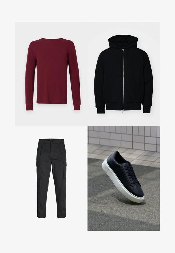Crna kapuška jakna s prednjim zatvaračem, kenguru džepom, rebrastim manžetama i rubom, prikazana na običnoj bijeloj pozadini.; Dugih rukava, rebrasti duks u tamnocrvenoj boji, s okruglim izrezom i pripijenim manžetama. Glatka tekstura, bez vidljivih uzoraka ili naglasaka.; Crne cargo hlače izrađene od čvrstog materijala, s brojnim džepovima, kopčanjem na gumb i dizajnom koji pomaže da se prilagode tijelu sa suženim nogavicama.; Crne kožne tenisice s zaobljenim vrhom i bijelim gumiranim potplatom. Imaju ravne vezice i minimalno šivanje na gornjem dijelu. Teksturirani potplat za bolje prianjanje.