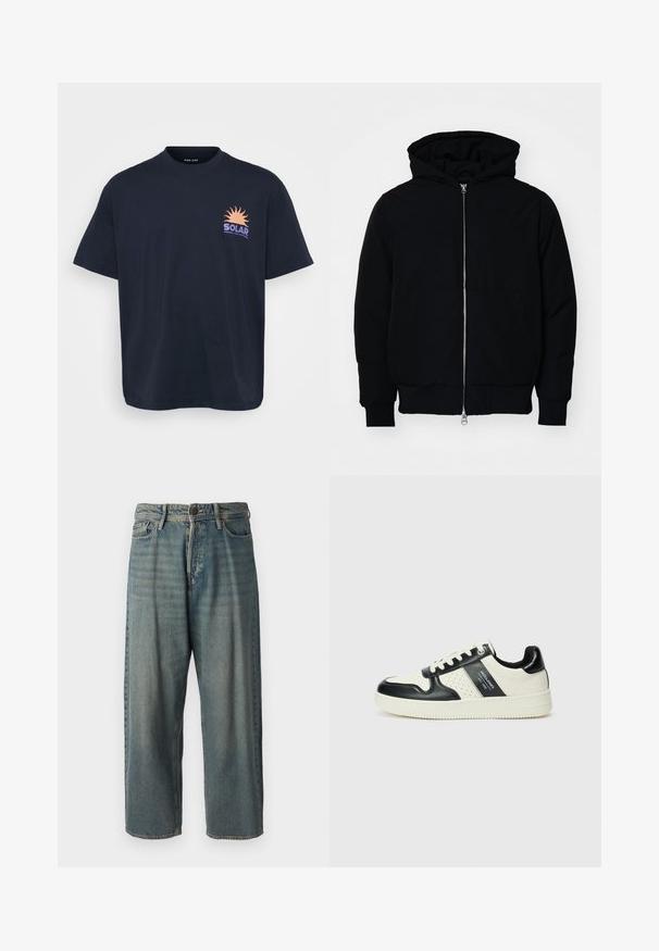 Crna kapuška jakna s prednjim zatvaračem, kenguru džepom, rebrastim manžetama i rubom, prikazana na običnoj bijeloj pozadini.; Crna pamučna majica s grafikom sunca i natpisom "SOLAR" u narančastoj i ljubičastoj boji. Kratki rukavi, okrugli vrat, ležeran kroj.; Svijetloplave traperice s širokim krojem, srednjim pojasom i ravnim nogavicama. Ima pet džepova, petlje za remen i kopčanje na gumb.; Kožne tenisice s crno-bijelom paletom boja, koje imaju perforirane akcentne detalje, podstavljeni ovratnik i teksturiranu potplat.