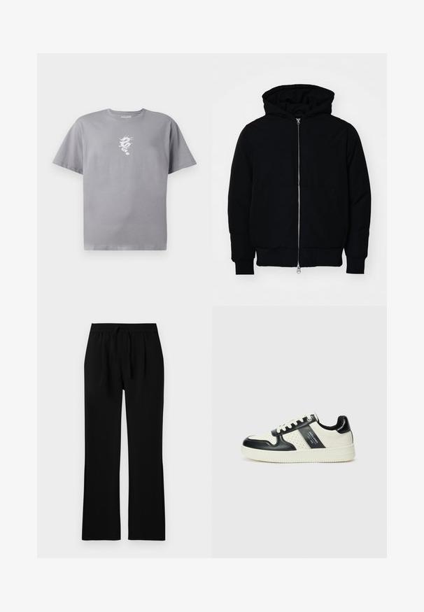 Čierna kapucňová bunda s predným zipsom, klokaními vreckami, rebrovanými manžetami a lemom, zobrazená na bielom pozadí.; Sivá bavlnená tričko s grafickým motívom bieleho draka na ľavej hrudi, krátke rukávy a voľný strih s okrúhlym výstrihom.; Čierne nohavice s uvoľneným strihom, vybavené elastickým pásom a šnúrkou. Hladká textúra, rovné nohy, bez viditeľných vreciek.; Kožené tenisky v čierno-krémovej farbe, s perforovanými akcentmi, polstrovaným golierom a štruktúrovanou podrážkou.