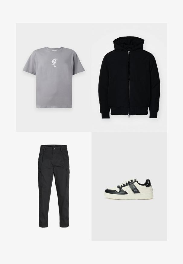 Crna kapuška jakna s prednjim zatvaračem, kenguru džepom, rebrastim manžetama i rubom, prikazana na običnoj bijeloj pozadini.; Siva pamučna majica s grafikom bijelog zmaja na lijevoj strani prsiju, kratkim rukavima i opuštenim krojem s okruglim izrezom.; Crne cargo hlače izrađene od čvrstog materijala, s brojnim džepovima, kopčanjem na gumb i dizajnom koji pomaže da se prilagode tijelu sa suženim nogavicama.; Kožne tenisice s crno-bijelom paletom boja, koje imaju perforirane akcentne detalje, podstavljeni ovratnik i teksturiranu potplat.