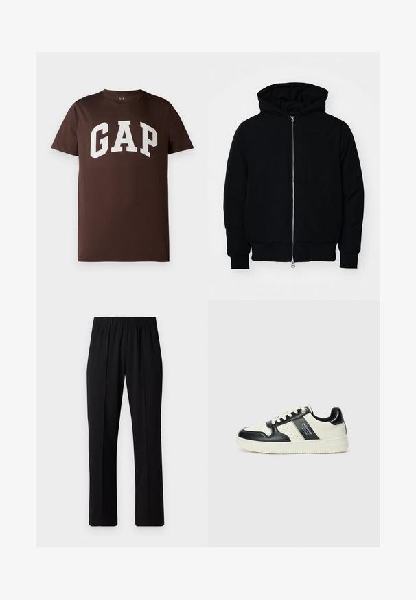 Chaqueta negra con capucha, cierre frontal, bolsillo tipo canguro, y puños y dobladillo acanalados, exhibida sobre un fondo blanco liso.; Camiseta de algodón marrón con un logo blanco de "GAP" en una fuente bold y colegial. Manga corta y escote redondo. Textura suave.; Pantalones negros con cintura elástica y diseño de pierna recta, con una textura suave y sin patrones o herrajes visibles.; Zapatillas de cuero con un esquema de colores negro y crema, que cuentan con acentos perforados, un collar acolchado y una suela texturizada.