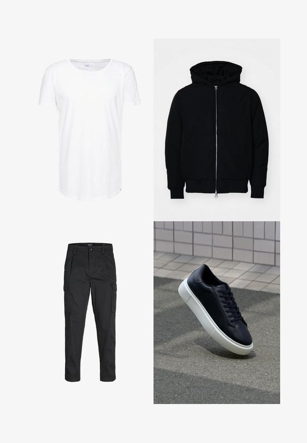 Black hooded jacket with front zipper, kangaroo pocket, ribbed cuffs, and hem, displayed on a plain white background.; White, short-sleeve t-shirt made of soft cotton fabric. Features a round neckline and a relaxed fit with a subtle brand label on the hem.; Black cargo pants made of sturdy fabric, featuring multiple pockets, a button closure, and a slim fit design with tapered legs.; Black leather sneaker with rounded toe and white rubber sole. Features flat laces and minimal stitching on the upper. Textured sole for grip.