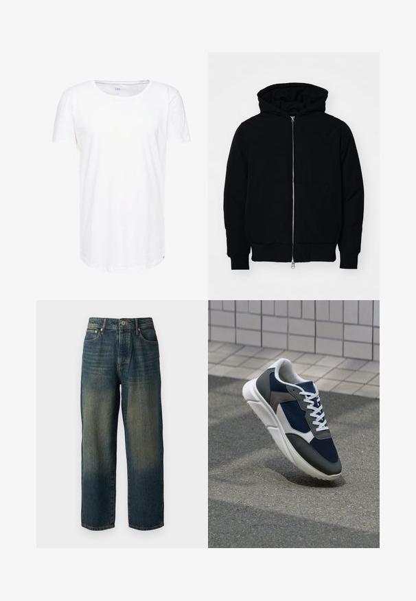 Crna kapuška jakna s prednjim zatvaračem, kenguru džepom, rebrastim manžetama i rubom, prikazana na običnoj bijeloj pozadini.; Bijela majica s kratkim rukavima izrađena od mekog pamučnog materijala. Ima okrugli izrez i opušteni kroj s diskretnom oznakom branda na rubu.; Plave traperice s ravnim krojem, s izblijedjelim dizajnom u svjetlijim nijansama prema rubu, pet džepova i zatvaranjem na gumba.; Tenisice s gornjim dijelom od mrežastog materijala tamnoplave boje, siva antilopova naglašavanja, bijela gumena potplat i ravne bijele vezice, dizajnirane za udobnost i prozračnost.
