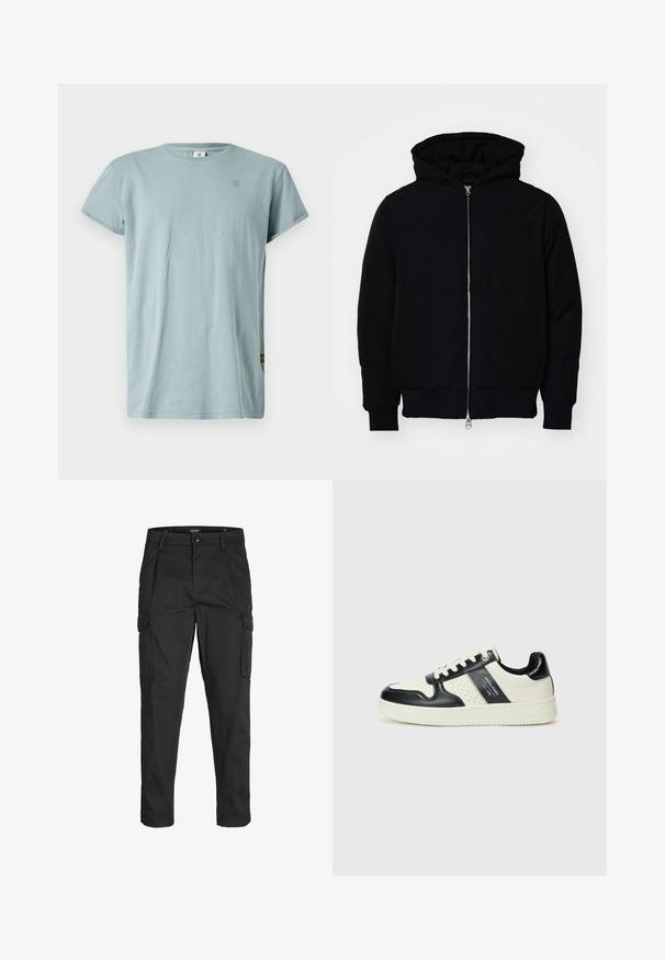 Black hooded jacket with front zipper, kangaroo pocket, ribbed cuffs, and hem, displayed on a plain white background.; Light blue short-sleeved T-shirt made of cotton. Features a round neckline and a small logo on the chest. Smooth texture, casual fit.; Black cargo pants made of sturdy fabric, featuring multiple pockets, a button closure, and a slim fit design with tapered legs.; Leather sneakers with a black and cream color scheme, featuring perforated accents, a padded collar, and a textured outsole.