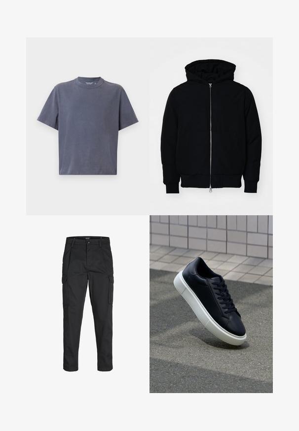 Svart huoodiejacka med framdragkedja, känguruficka, ribbade ärmslut och nederkant, uppställd mot en vit bakgrund.; Mörkgrå t-shirt med kort ärm, tillverkad av mjuk bomull, med klassisk rund hals och avslappnad passform. Slät textur utan mönster.; Svarta cargobyxor tillverkade av hållbart tyg, med flera fickor, knappstängning och en smal passform med avsmalnande ben.; Svart lädersneaker med rundad tå och vit gummisula. Har platta snören och minimal sömnad på ovansidan. Texturerad sula för grepp.