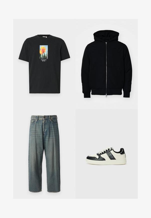 Sort hættejakke med frontlynlås, kængurulomme, ribbede manchetter og kant, præsenteret på en ensfarvet hvid baggrund.; Sort bomulds T-shirt med et centralt blomstermotiv af orange blomster med grønne stilke, pyntet med tekst i hvid og blå.; Lyseblå denim jeans med løs pasform, mellemhøj talje og lige ben. Har fem lommer, bæltestropper og en knappelukning.; Lædersneakers i sort og creme farveskema, med perforerede detaljer, en polstret krave og en struktureret ydersål.