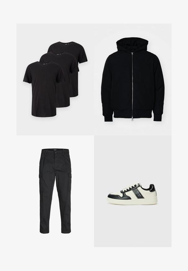 Black hooded jacket with front zipper, kangaroo pocket, ribbed cuffs, and hem, displayed on a plain white background.; Three plain black short-sleeve crew neck t-shirts, arranged in a staggered overlapping layout on a white background.; Black cargo pants made of sturdy fabric, featuring multiple pockets, a button closure, and a slim fit design with tapered legs.; Leather sneakers with a black and cream color scheme, featuring perforated accents, a padded collar, and a textured outsole.