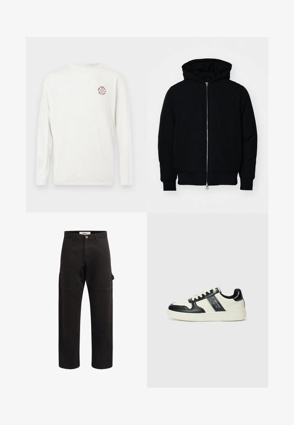 Černá kapucňová bunda s předním zipem, klokaní kapsou, vroubkovanými manžetami a spodním lemem, vystavená na čistém bílém pozadí.; Bílá košile s dlouhým rukávem a malou červenou grafikou zeměkoule a černým textem "SVĚT ČEKÁ" na levé horní části hrudi.; Černé cargo kalhoty vyrobené z odolné tkaniny, s rovným střihem, zapínáním na knoflík a bočními kapsami pro úložný prostor.; Kožené tenisky s černobílou barevnou kombinací, které mají perforované detaily, polstrovaný límec a texturovanou podrážku.