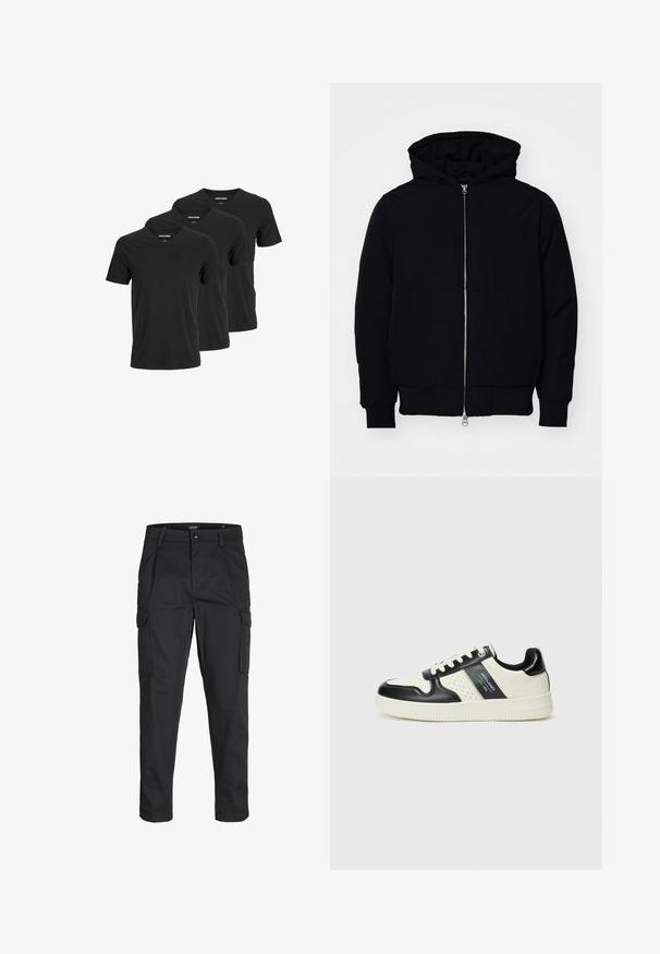 Black hooded jacket with front zipper, kangaroo pocket, ribbed cuffs, and hem, displayed on a plain white background.; Black cotton v-neck t-shirts, featuring short sleeves and a regular fit, displayed in a pack of three. Smooth texture, no patterns or accents.; Black cargo pants made of sturdy fabric, featuring multiple pockets, a button closure, and a slim fit design with tapered legs.; Leather sneakers with a black and cream color scheme, featuring perforated accents, a padded collar, and a textured outsole.