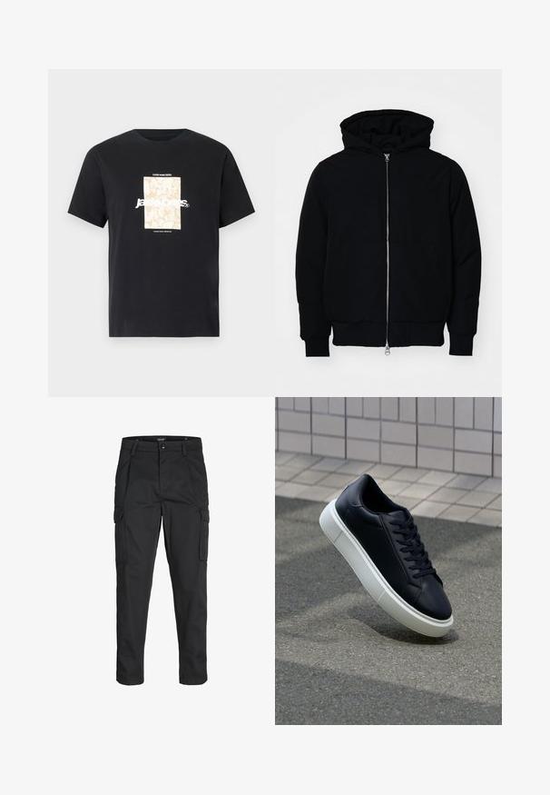 Zwarte hoodie met rits aan de voorkant, kangoeroe-pocket, geribbelde manchetten en zoom, weergegeven op een effen witte achtergrond.; Zwarte katoenen T-shirt met ronde hals. Kenmerkt een beige rechthoekige grafiek en witte tekst, "JAWO," gecentreerd op de voorkant. Korte mouwen.; Zwarte cargobroek van stevig stof, met meerdere zakken, een knoopsluiting en een slim fit ontwerp met taps toelopende benen.; Zwarte leren sneaker met een ronde neus en een witte rubberen zool. Voorzien van platte veters en minimale stiksels op het bovenwerk. Textuurrijke zool voor grip.