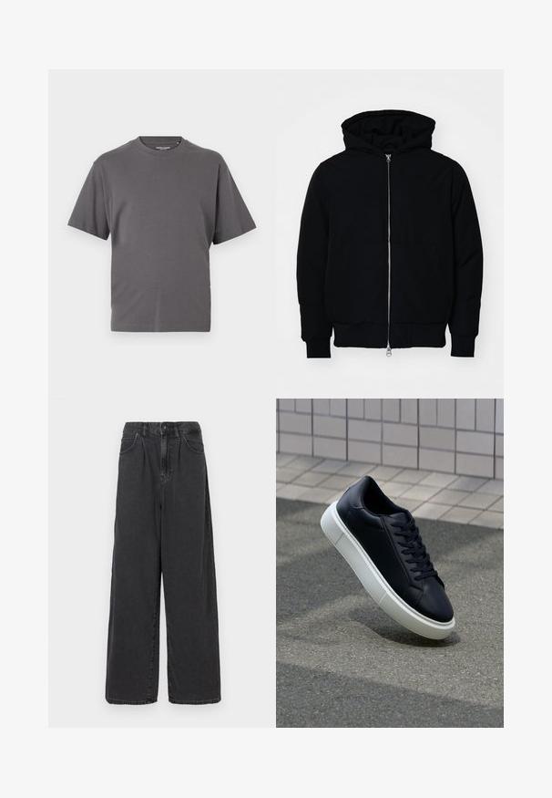 Mustaga kapuutsiga jakk, millel on esineed, kenguru tasku, soonikkoes, ja alläär, esitatud lihtsal valgel taustal.; Hallitatud lühikeste varrukatega hall T-särk, mis on valmistatud pehmest puuvilla segust. Sellel on ümar kaelus ja lihtne disain ilma mustrite või aktsentideta.; Laiad, kõrgema vöökohaga mustad denimipüksid, millel on ees nupuga ja tõmblukuga sulgemine, külgpocketid ja sile tekstuur.; Mustast nahast tennisetoss, millel on ümar nina ja valge kummist tall. Omab siredaid paelu ja minimaalset õmblemist ülemises osas. Tekstuuriga tald, mis tagab haakuvuse.