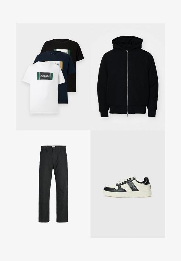 Schwarze Kapuzenjacke mit Frontreißverschluss, Kängurutasche, gerippten Bündchen und Saum, auf einem schlichten weißen Hintergrund präsentiert.; Drei T-Shirts: weiß, marineblau und schwarz. Jedes hat ein rechteckiges Grafikdesign mit dem Markennamen "Jack & Jones" und farblichen Akzenten. Aus Baumwollmaterial.; Schwarze Hosen aus strapazierfähigem Stoff, mit geradem Bein, genähten Akzenten und zwei vorderen Taschen für Funktionalität.; Leder-Sneaker in Schwarz- und Cremetönen, mit perforierten Akzenten, einem gepolsterten Kragen und einer strukturierten Laufsohle.