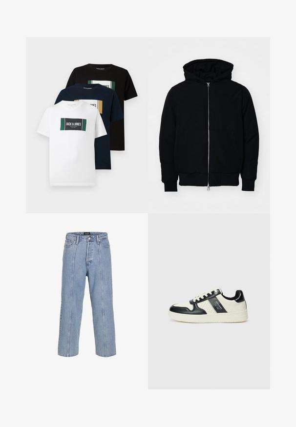 Juodas gobtuvėlis su priekiniu užtrauktuku, kengūros tipo kišene, lygiais rankogaliais ir apvadu, pateiktas ant vientiso balto fono.; Trys marškiniai: balti, tamsiai mėlyni ir juodi. Kiekvienas turi stačiakampį grafikos motyvą su "Jack & Jones" ženklu ir spalviniais akcentais. Pagaminta iš medvilnės.; Šviesiai mėlynos džinsinės kelnės su laisvu siluetu, plačiomis kojomis ir matomomis siuvimo detalėmis. Turi mygtuką ir užtrauktuką, taip pat penkias kišenes.; Odiniai sportbačiai juodos ir kreminės spalvų schemoje, su perforuotais akcentais, paminkštinta apykakle ir tekstūruotu padu.