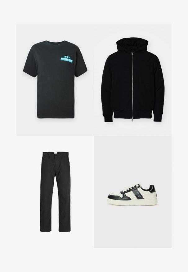 Juodas gobtuvėlis su priekiniu užtrauktuku, kengūros tipo kišene, lygiais rankogaliais ir apvadu, pateiktas ant vientiso balto fono.; Juodas medvilninis marškinėlis trumpomis rankovėmis, su mėlynu grafiniu dizainu, kuriame ant priekio užrašyta "IRON MAIDEN" stilizuotomis raidėmis.; Juodi kelniai, pagaminti iš tvirto audinio, su tiesiomis kojomis, siuvinėtomis detalėmis ir dviem priekinėmis kišenėmis funkcionalumui.; Odiniai sportbačiai juodos ir kreminės spalvų schemoje, su perforuotais akcentais, paminkštinta apykakle ir tekstūruotu padu.