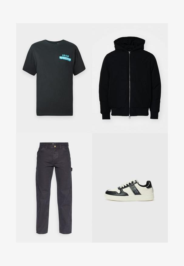 Mustaga kapuutsiga jakk, millel on esineed, kenguru tasku, soonikkoes, ja alläär, esitatud lihtsal valgel taustal.; Must musta särg lühikeste varrukatega, millel on sinine graafiline disain, millel on ees stiilsetes tähtedes kirjas "IRON MAIDEN".; Tumehallid cargo-püksid, mis on valmistatud vastupidavast kangast, sirge lõikega, viie tasku ja nupuga kinnitusega vööl.; Nahatud nahkkingad musta ja kreemi värviskeemiga, millel on perforeeritud aktsendid, pehme krae ja tekstureeritud tallad.