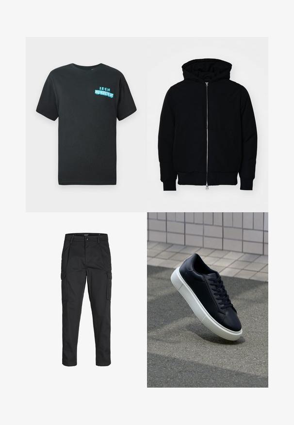 Mustaga kapuutsiga jakk, millel on esineed, kenguru tasku, soonikkoes, ja alläär, esitatud lihtsal valgel taustal.; Must musta särg lühikeste varrukatega, millel on sinine graafiline disain, millel on ees stiilsetes tähtedes kirjas "IRON MAIDEN".; Mustad mustapõlvik, mis on valmistatud tugeva koe kasutades, sisaldab mitmeid taskuid, nupule kinnitatav sulgemine ja kitsenev disain.; Mustast nahast tennisetoss, millel on ümar nina ja valge kummist tall. Omab siredaid paelu ja minimaalset õmblemist ülemises osas. Tekstuuriga tald, mis tagab haakuvuse.